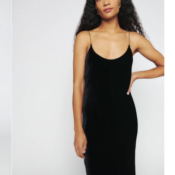 NWT Brand New Reformation Ady Black Velvet Dress with Gold Straps size Large - Picture 2 of 3